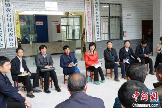 2017年4月，湖南省委常委、统战部部长黄兰香(左五)在安化县黄石村调研。湖南省委统战部供图