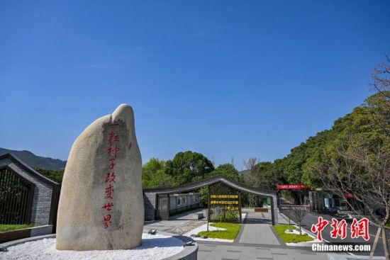 一颗标有“一粒种子 改变世界”红色大字的稻米石头高高耸立在安江农校纪念园门口。潘雨 摄